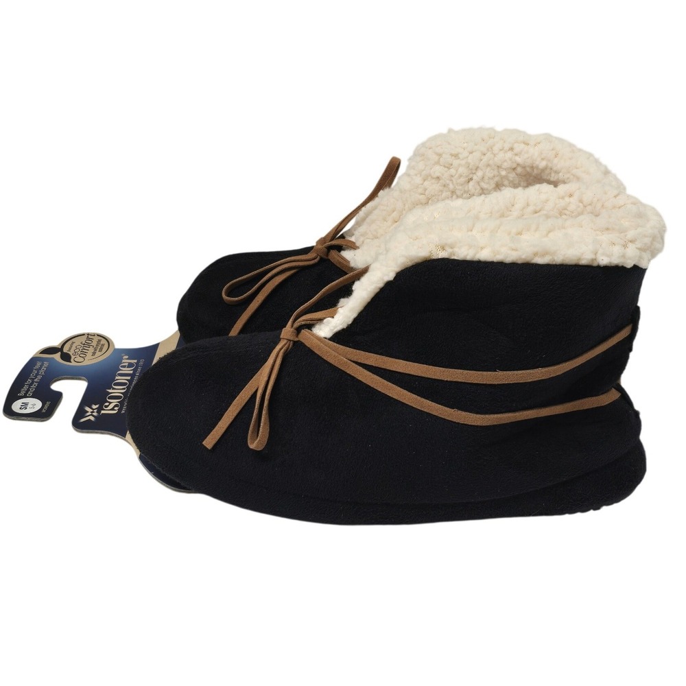 Isotoner Womens Eco Comfort Memory Foam Slippers Black Sherpa Lined SM 5-6 NWT